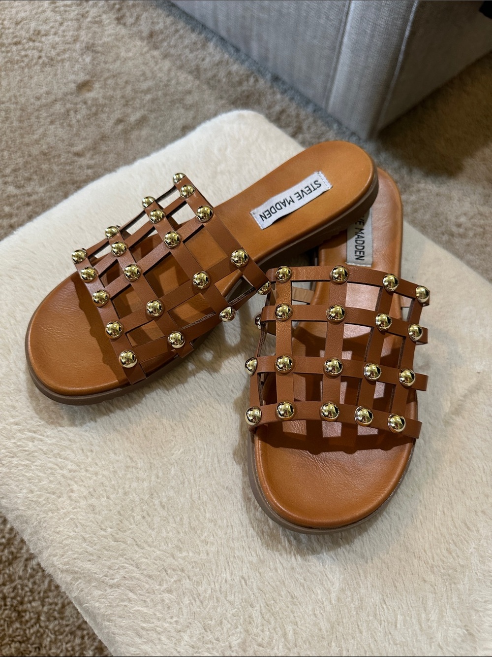 Steve Madden Brown Studded Woven Slide Sandals